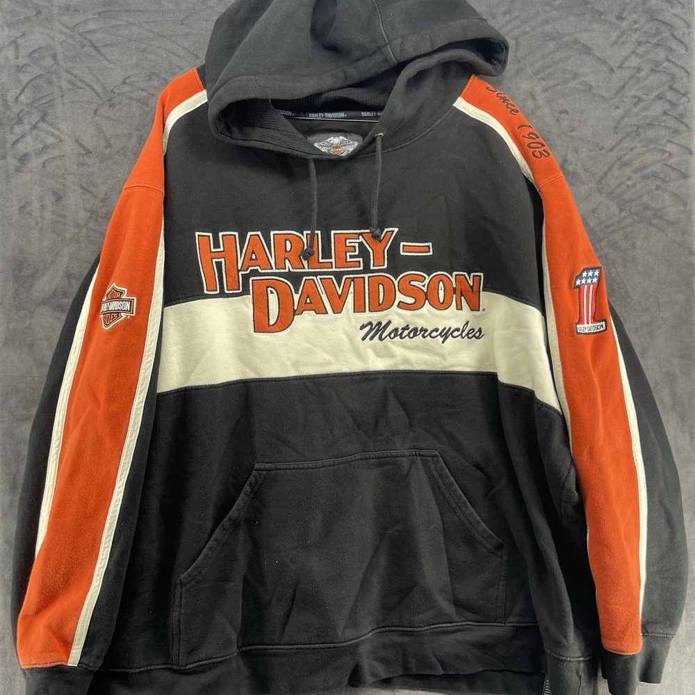 Harley-Davidson embroided Black Orange Hoodie Men's 2XL Since vintage biker Y2K